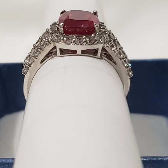 Niassa Ruby & White Zircon fancy halo ring in Platinum over 925 SS sz 8 4.50 tcw - Picture 7 of 7